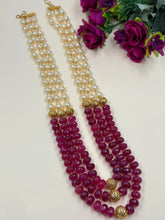 Unisex Semi Precious Long Ruby Pink Quartz And Shell Pearl Beaded Necklace - Beaded Necklace For Sarees And Sherwani